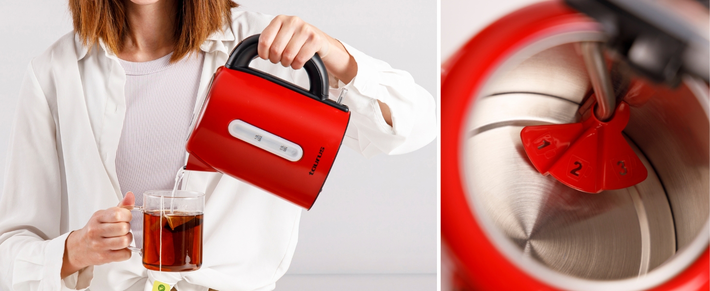 Електричний чайник Taurus Vintage Compact Red 2400W, 1л, 360° обертання, автоматичне відключення, LED-дисплей, без BPA, нержавіюча сталь, індикатор рівня води, ретро-дизайн, червоний