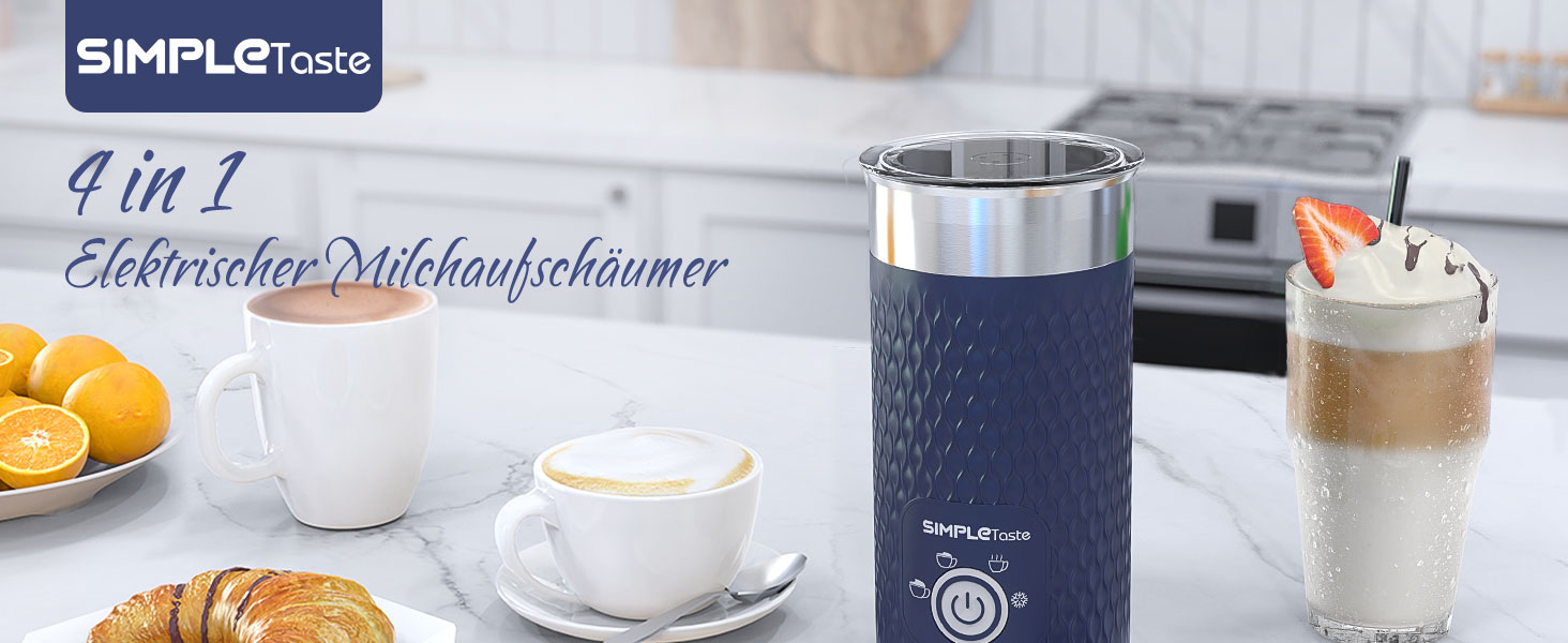 SIMPLETaste: Електричний спінювач молока 4-в-1, автоматичний спінювач та нагрівач молока для лате, капучино, макіато (блакитний)