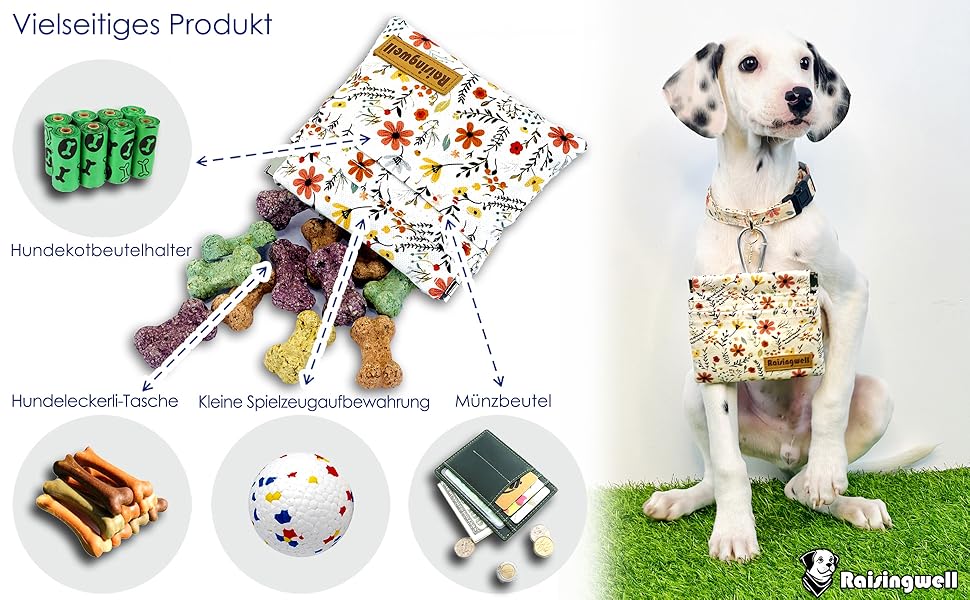 Сумка для корму для собак Leckerlibeutel – міцна бавовняна сумка для прогулянок з карабіном та самозакривною застібкою, ідеальна для подорожей та активного відпочинку (Begie Blume)
