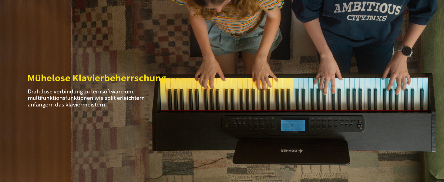 Цифрове піаніно Donner DDP-95 для початківців з 88 важними клавішами, підключення Bluetooth, LCD дисплеєм 11*5 см, 610 тембрів, 600 ритмів, 3 навчальні режими, чорний колір