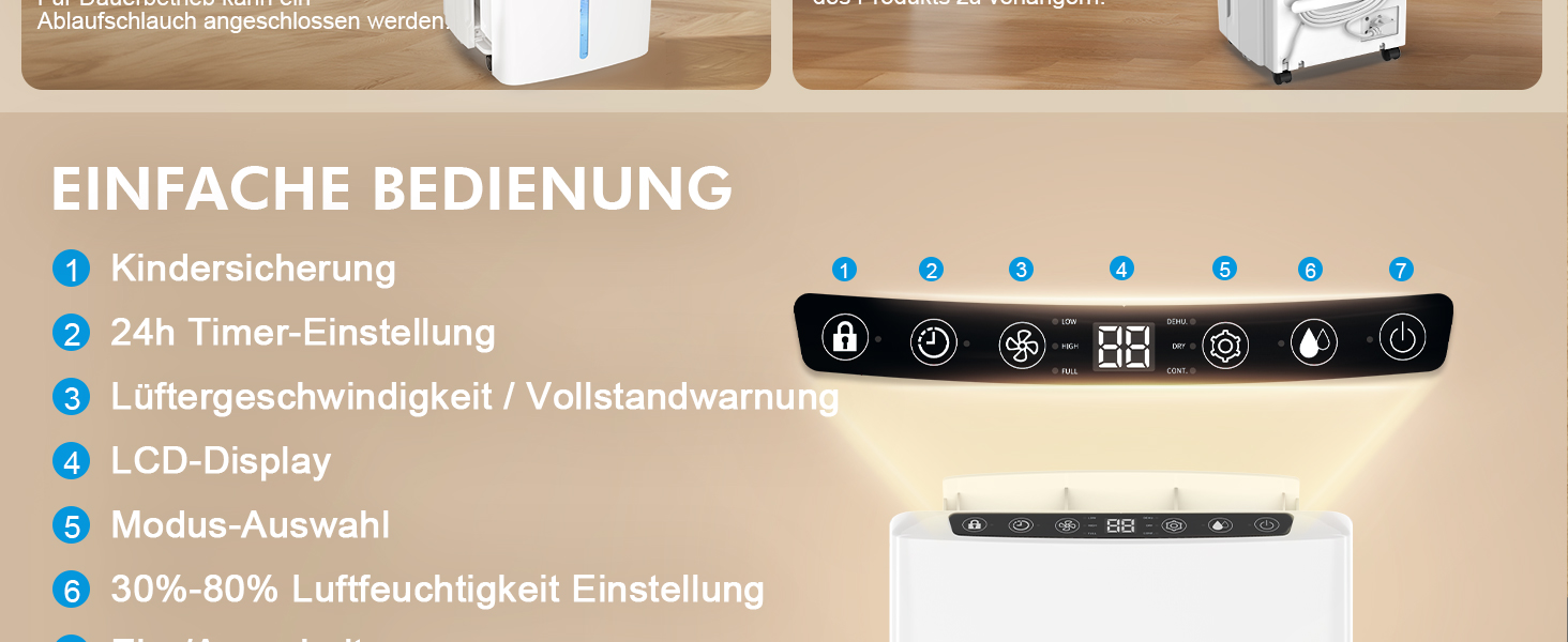 Електричний осушувач повітря 12л, тихий осушувач для дому з функцією сушіння білизни, Smart-режим, автоматичне регулювання вологості, 1м шланг, 24H таймер, для квартири до 120 м², гарантія 10 років