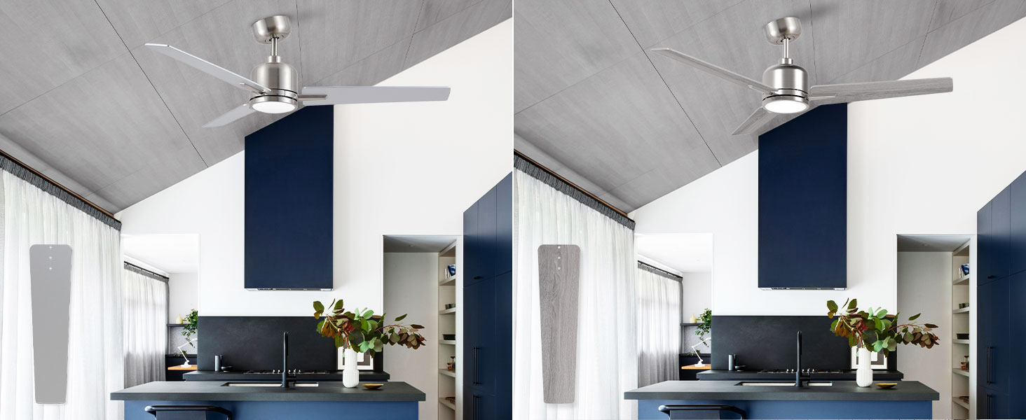 Стеляний вентилятор Newday з дерева білого кольору, 122 см з підсвіткою та пультом керування. Тихий вентилятор на стелю з лампою, регульована яскравість, DC мотор, реверсивний режим для спальні та вітальні (122-silber-holz)