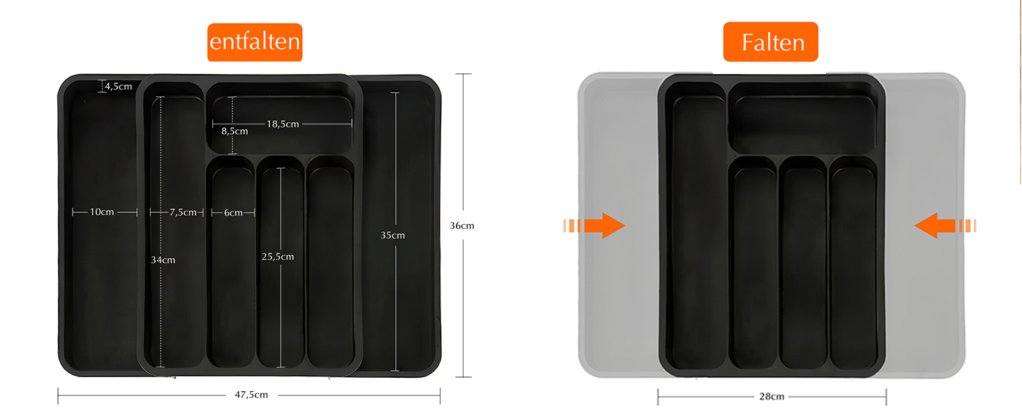 Органайзер для столових приборів в шухляду (28-47.5 см, XXL, чорний) - Розсувний лоток для ложок, виделок, ножів