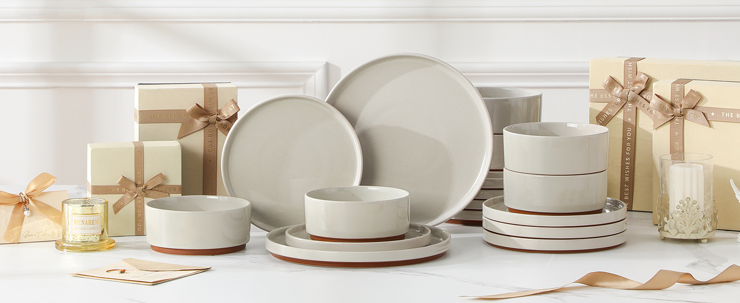 MALACASA Набір посуду з каменю 18 предметів для 6 осіб, керамічний сервіз з глазур'ю Сезам, набір тарілок та мисок, білий з коричневою основою, білий