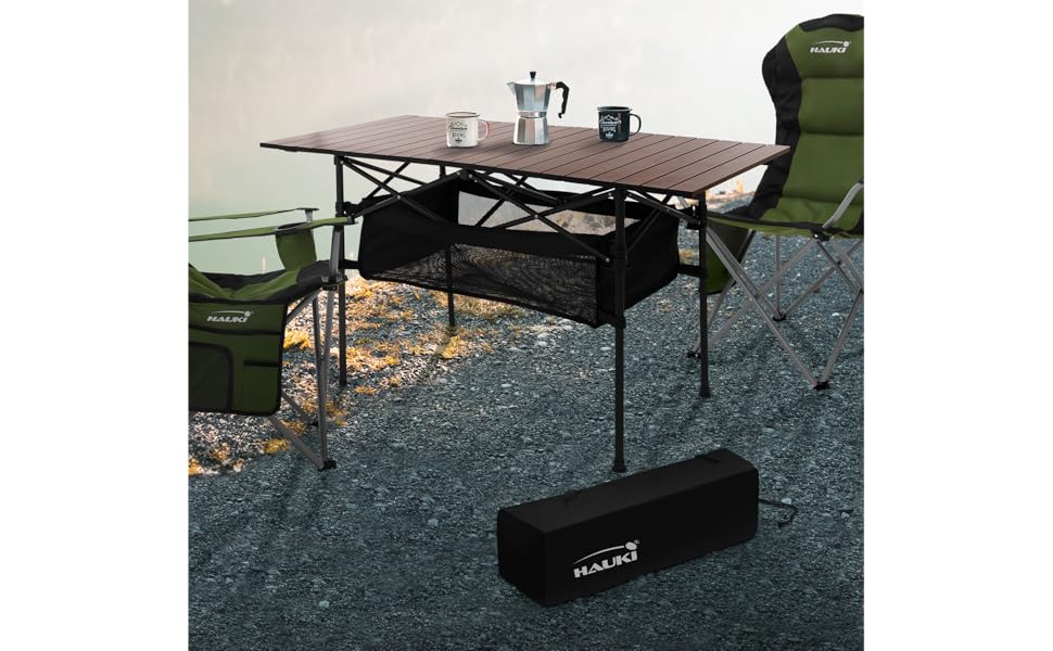 Стіл для кемпінгу Hauki, розкладний, коричневий, 118 x 55 x 64,5 см, алюмінієвий, з мотузковою поверхнею, для відпочинку, саду, балкону, подорожей, ринку, з сумкою, колір: коричневий (темне дерево)