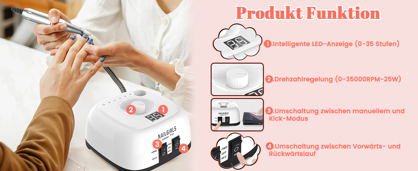 Електричний фрезер для нігтів NAILGIRLS 11 в 1 з педалем, 35000 об/хв - манікюр та педикюр