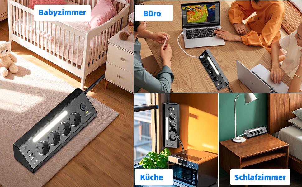 Кутова мережева розетка з USB та 2 Type-C, 4 слоти, з вимикачем, захист від перенапруги, LED, кабель 1.8м