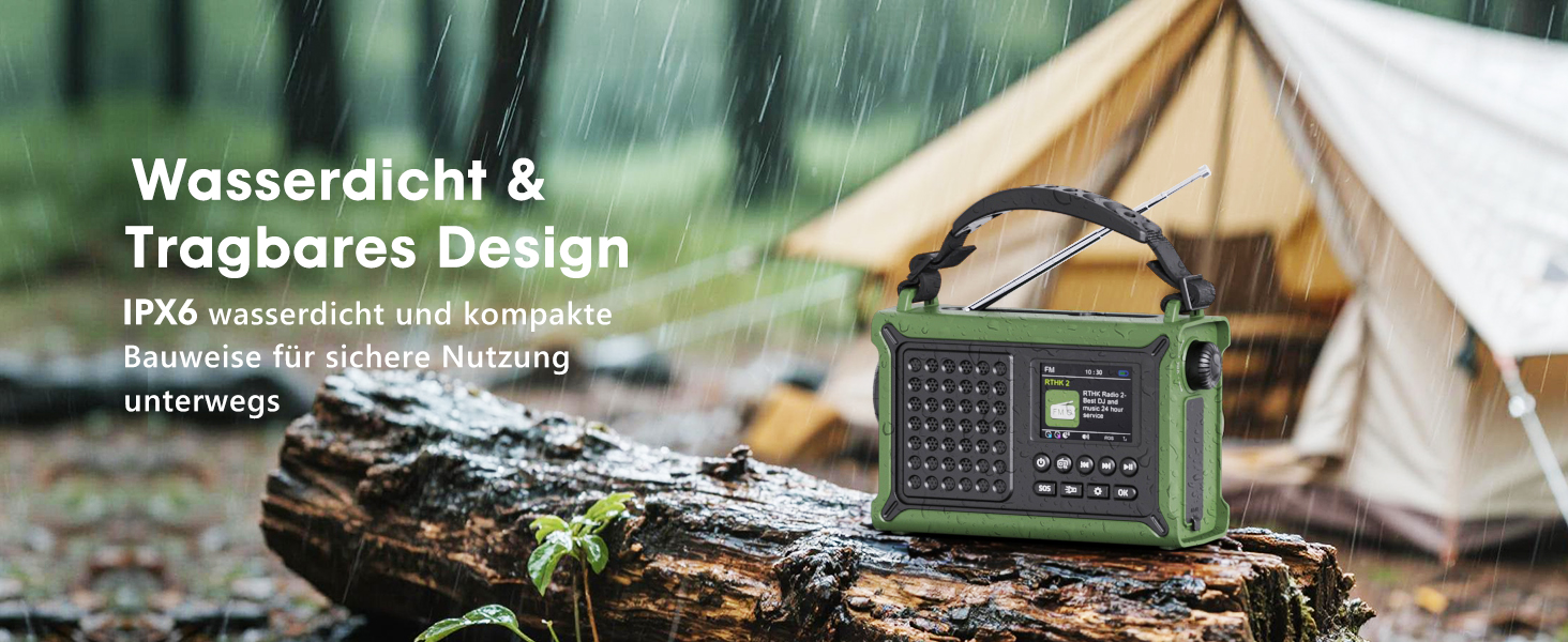 ROCAM Портативне радіо DAB+ з Bluetooth, 12000mAh, радіо з ручкою, сонячна панель 8500мм², 650mA, DAB/UKW, 2.4' дисплей, 80 станцій, LED ліхтарик, USB, SOS, IPX6, для надзвичайних ситуацій, зелене