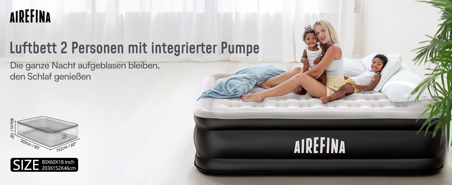 Надувне ліжко Airefina на 2 особи з самонадувною системою та вбудованим насосом, для кемпінгу та дому, міцне гостьове ліжко 203 x 152 x 46 см