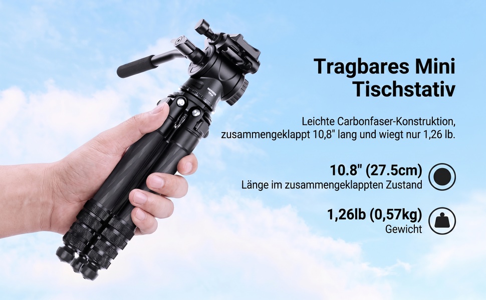 Міні-штатив NEEWER з карбонового волокна (TP10) для DSLR камери, смартфона та відеокамери, з кулястою головою 360°, тримачем для телефону та пультом керування, компактний дорожній штатив