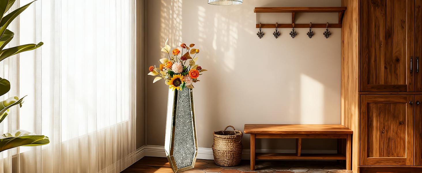 Ваза для квітів велика 68 см: срібна ваза з кристалами для пампас трави, скляна ваза з дзеркальним покриттям та блискітками, декоративна ваза для вітальні, інтер'єру – без підставки для води, 16L x 68H см