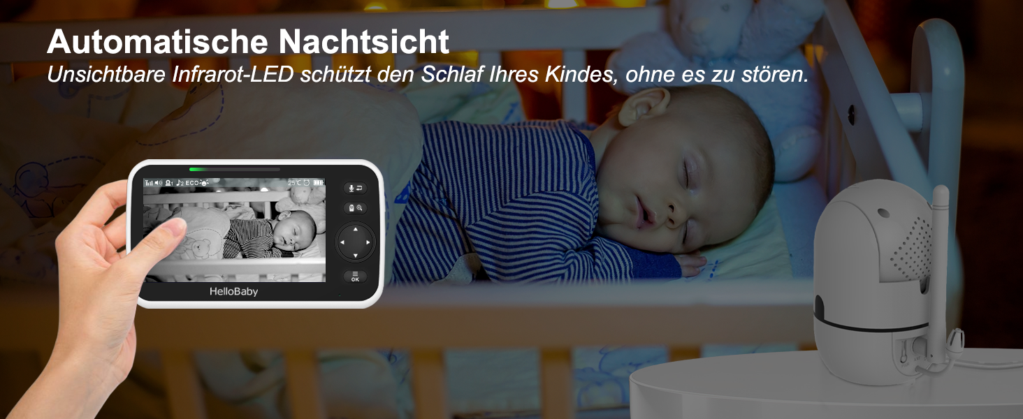 Дитячий відеоняня HelloBaby HB6550 з камерою, акумулятор 3500 mAh, 5-дюймовий екран, поворот 355°/нахил 120°, 2-сторонній аудіо, датчик температури, 8 колискових, нічне бачення