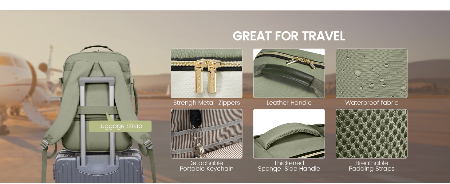 Рюкзак LOVEVOOK для ручної поклажі літака, 40L, водонепроникний, з відділенням для ноутбука 17 дюймів, для подорожей, школи, роботи, кемпінгу (зелений + бежевий + чорна шкіра)