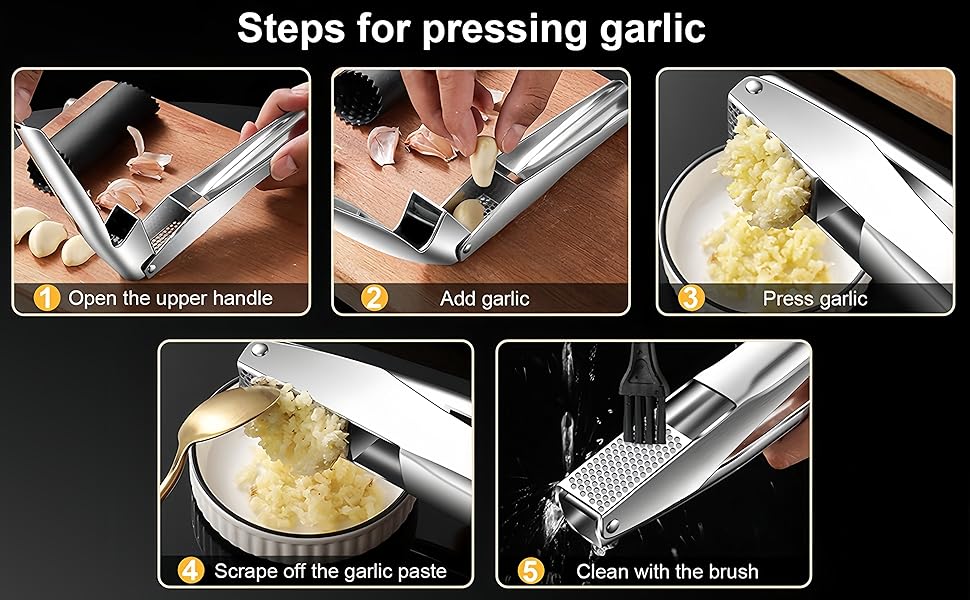 Прес для часнику та імбиру з нержавіючої сталі 18/8, велика чаша, не потребує очищення, стійкий до миття в посудомийній машині, гарантія 5 років