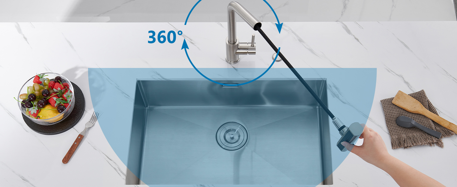 Чорний кухонний змішувач з висувною лійкою, водоспад, високий тиск, 3 режими, 360° поворот, нержавіюча сталь (нікель)