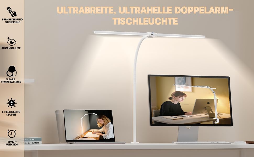 Світлодіодна настільна лампа Doppelkopf з димером, 1200 лм, кріплення на стіл, 5 режимів кольору та яскравості, захист очей для офісу та дому, гнучкий регульований шийка, біла