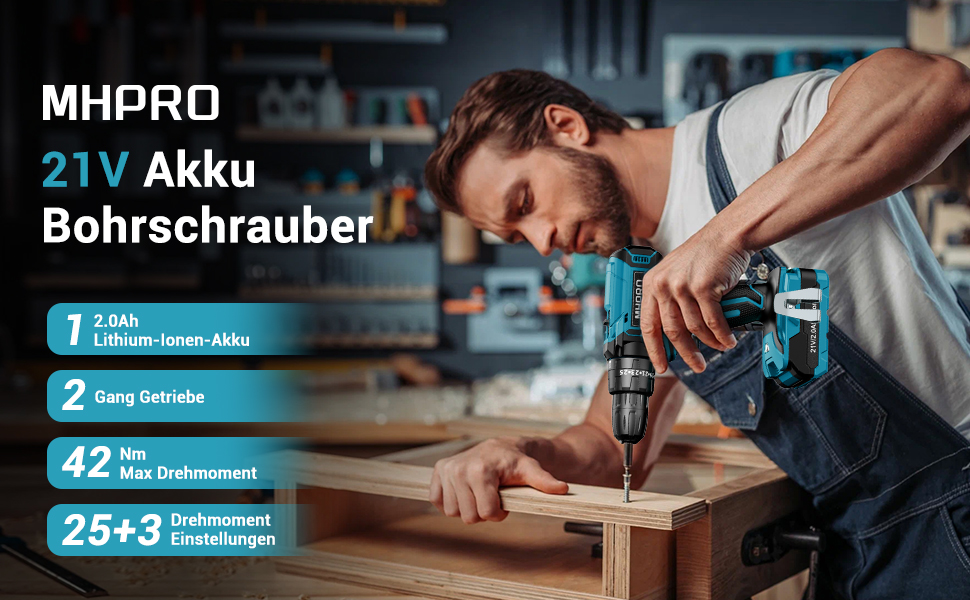 Акумуляторний шуруповерт MHPRO 21V з 2 акумуляторами 2.0Ah, 42Nm, 2 швидкості, 25+3 ступені крутного моменту, патрон 10 мм, LED-ліхтар, 14-ти елементний набір аксесуарів для дому, саду та DIY проектів (Блакитний 21V-1Akku)