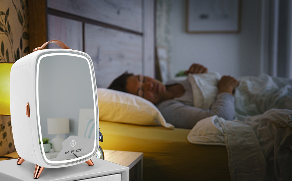 Міні-холодильник KFO Ultra-тихий (20 дБ) з LED-дзеркалом для косметики та напоїв, 220V AC/ 12V DC, термоелектричне охолодження та нагрівання, білий (6 л)