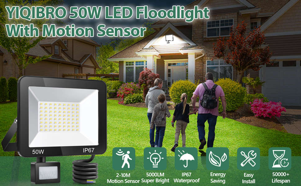 LED прожектор 50W з датчиком руху, IP67, 5000Лм, 7000K, набір 2 шт, водонепроникний вуличний прожектор для двору, саду, гаража, входу, холодне світло