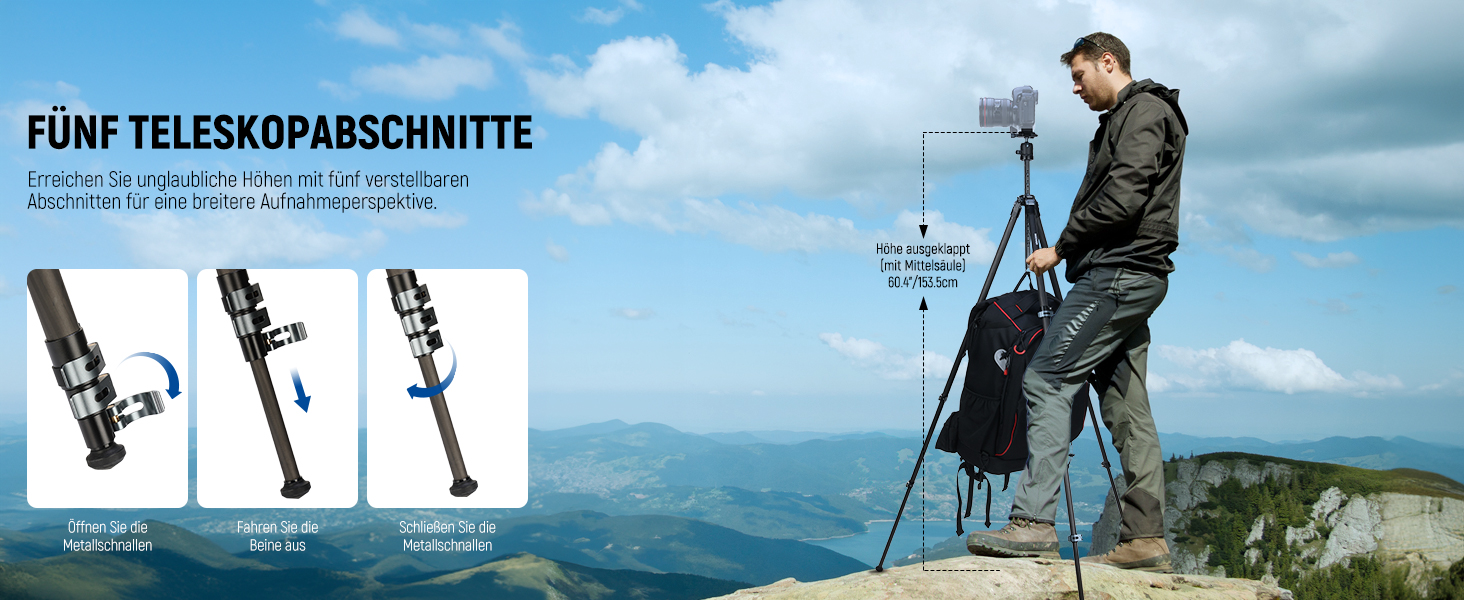 Карбоновий штатив Neewer LT36 (184 см) з кулястою головкою 360°, легкий трипід для відеокамер та фотоапаратів, Arca-Swiss QR-платформа, сумісність з Peak Design Capture V3