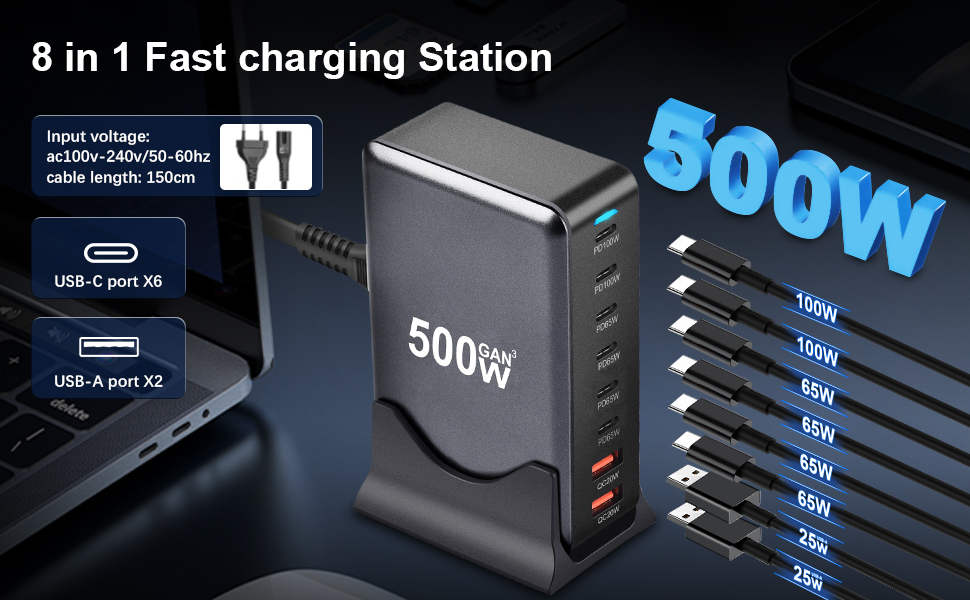 Зарядний пристрій USB C 500W, 8 портів: швидка зарядка USB-C/USB-A, PD PPS 100W для MacBook, iPad, Samsung та інших пристроїв