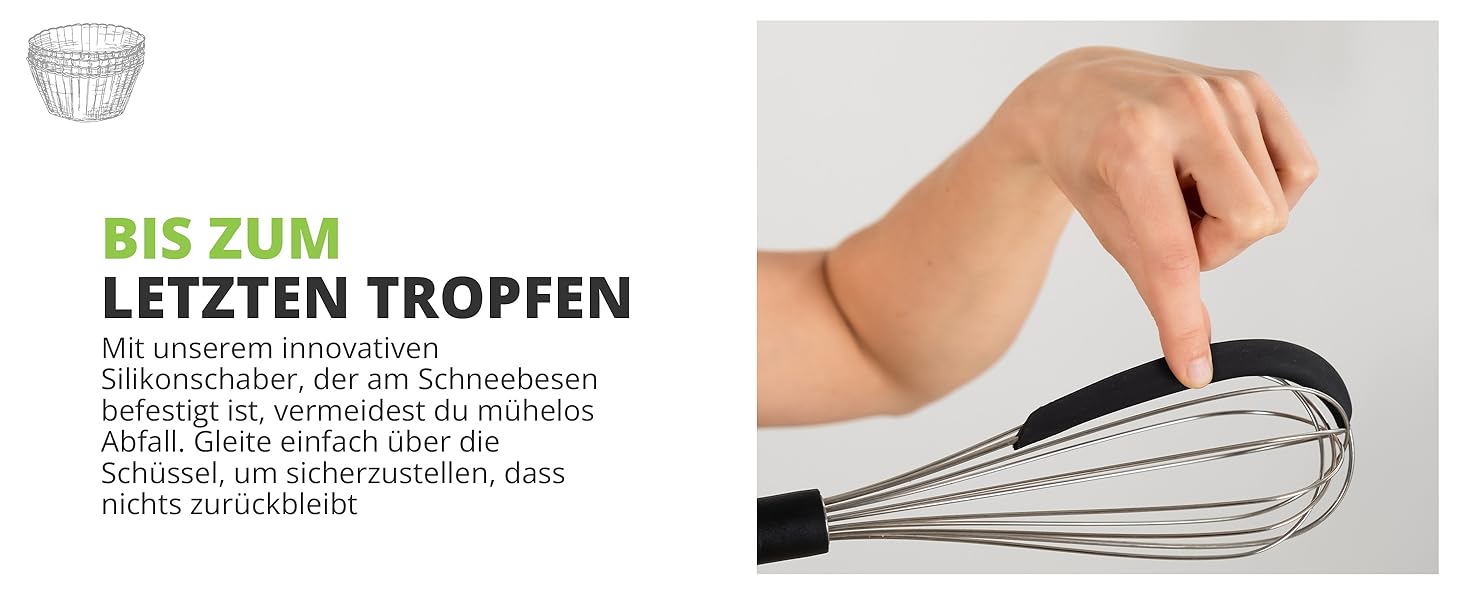 Віскер Oliver's Kitchen® з нержавіючої сталі з інтегрованим силіконовим скребком - ідеальний для випічки та приготування їжі. Спіральний віскер, зручна ручка, легко миється.