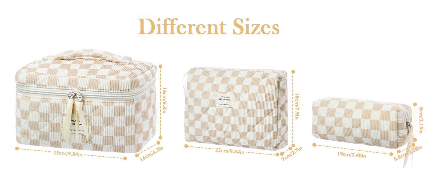 Набір косметичок 3 шт. з квітковим принтом, для подорожей та повсякденного використання | Косметичка для макіяжу для жінок та дівчат. Хакі в клітинку