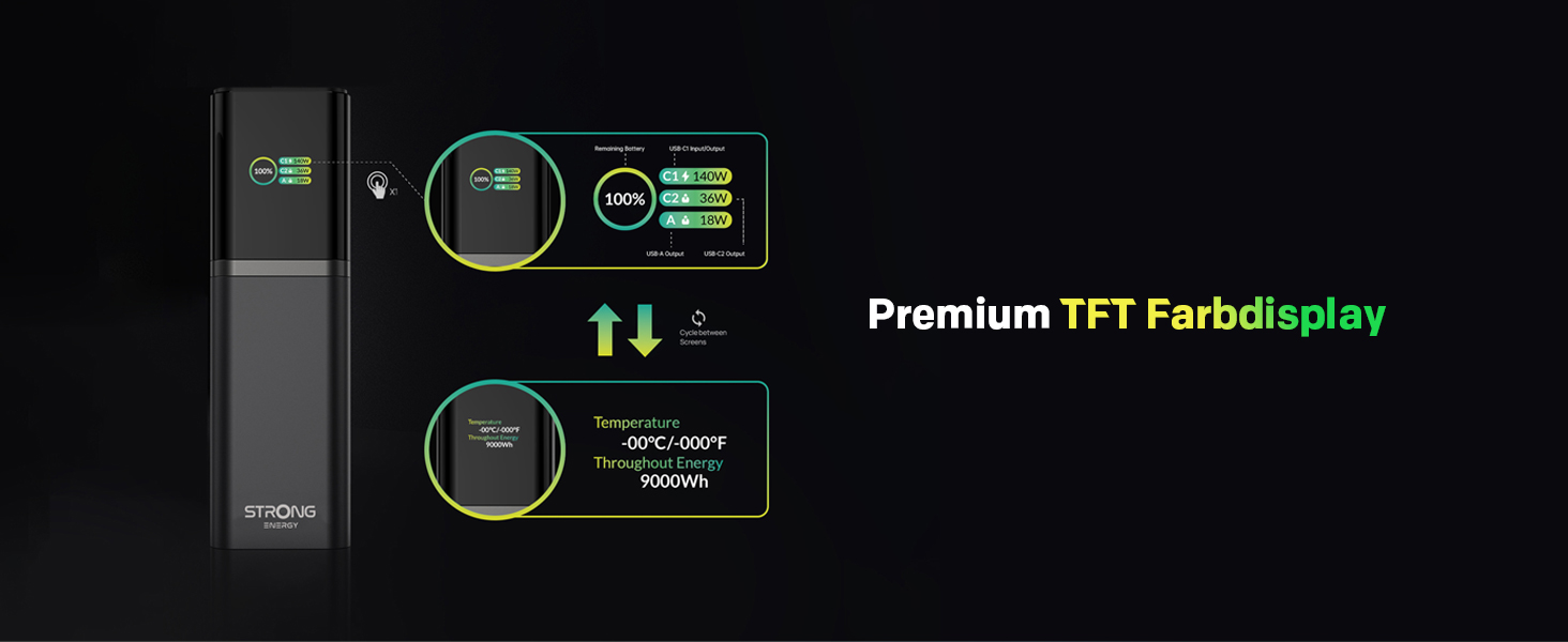 Powerbank STRONG S-19, 12000mAh, 176W, USB-C PD 3.1 + UFCS, TFT-дисплей, для iPhone, Galaxy, MacBook, iPad, для подорожей