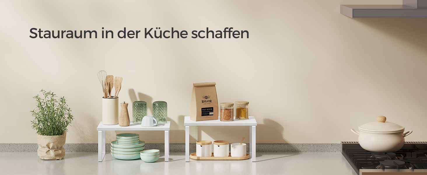 SONGMICS Spice Rack, 4-Piece Set, Kitchen Shelf, Kitchen Organizer, Expandable, Spice Holder, Stackable, with Metal Frame, 19.5 x 29.7 x 15.8 cm, Ink Black-Natural Beige KCS10NB (Cloud White + Snow White, 29.7B cm)