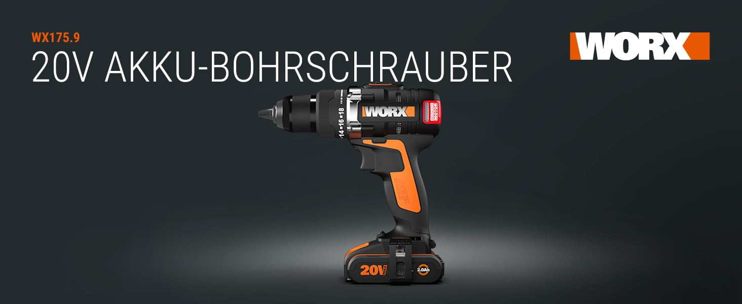 WORX WX175.9 Акумуляторний дриль-шуруповерт 20V – безщітковий, 60Nm, 2-швидкісний, з LED-підсвічуванням. Комплект для свердління та закручування (без акумулятора та зарядного пристрою)