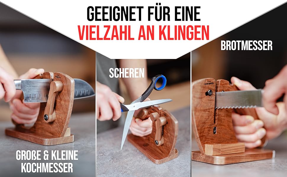 Точилка для ножів Messerschärfer з горіховим корпусом | Для гладких та хвилястих ножів | З керамічним точилом | Точилка для ножів, ножиць та секаторів