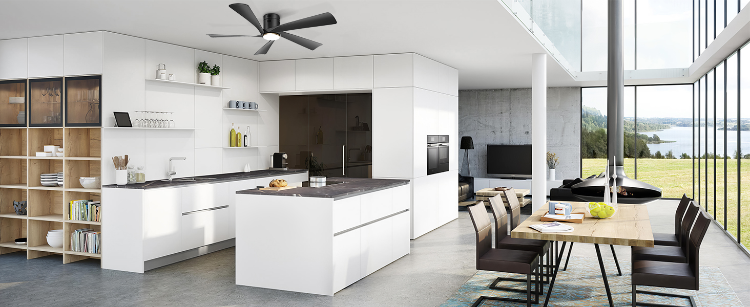 Стеляний вентилятор Ohniyou 132 см (52 дюйми) з підсвіткою, пультом та керуванням через додаток, регульована яскравість, тихий DC-двигун, для спальні, вітальні, тераси, чорний