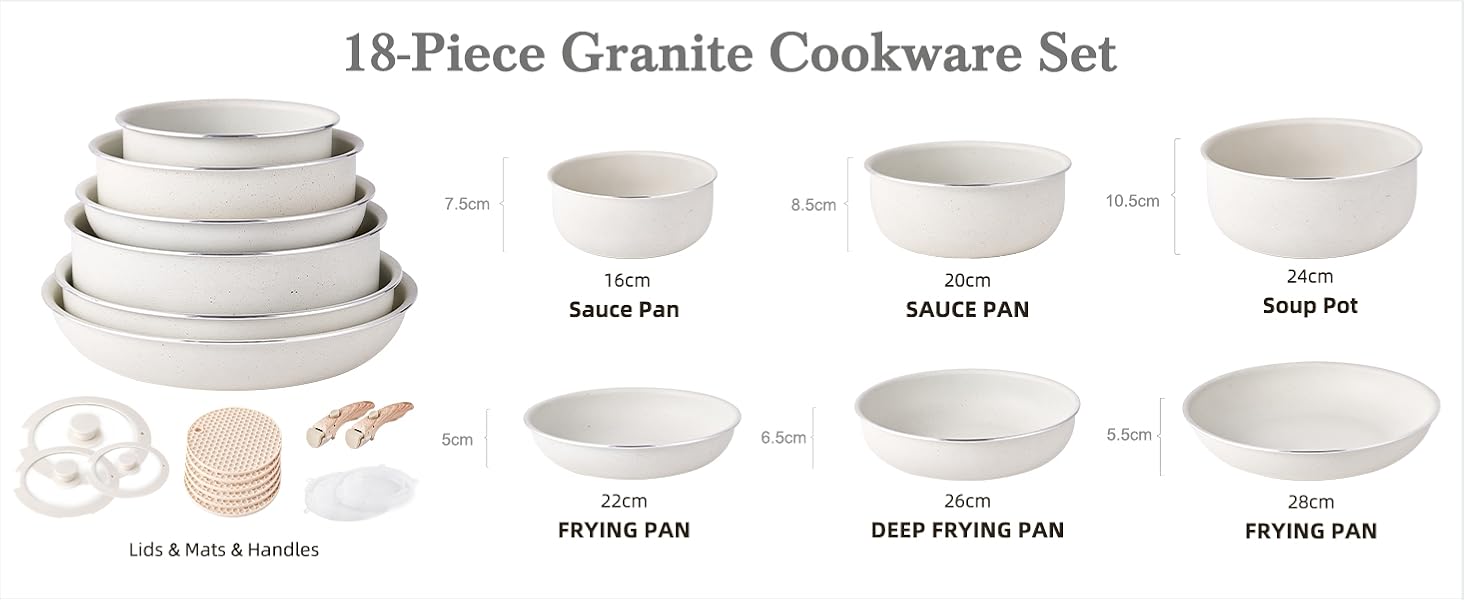 Набір посуду RIOVARM з індукційним дном: каструлі та сковороди з антипригарним гранітним покриттям та знімними ручками, кришки з силікону, бежевий колір