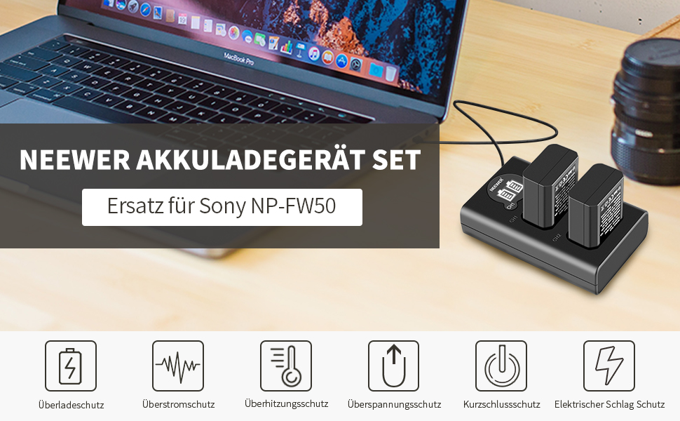 NEEWER NP-FW50: Запасний акумулятор та зарядний пристрій 2 в 1 для Sony ZV-E10, A7, A6000, RX10 (1100 mAh)