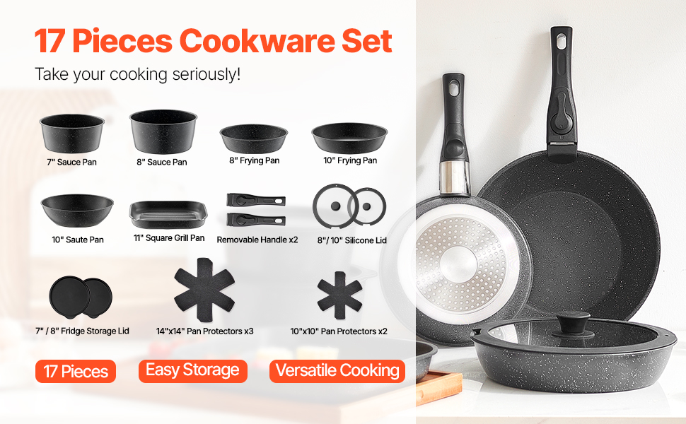 Каструля VEVOR з кришкою (індукційна, антипригарна, чорна, зі знімною ручкою) для кухні кемпера/автобудинку