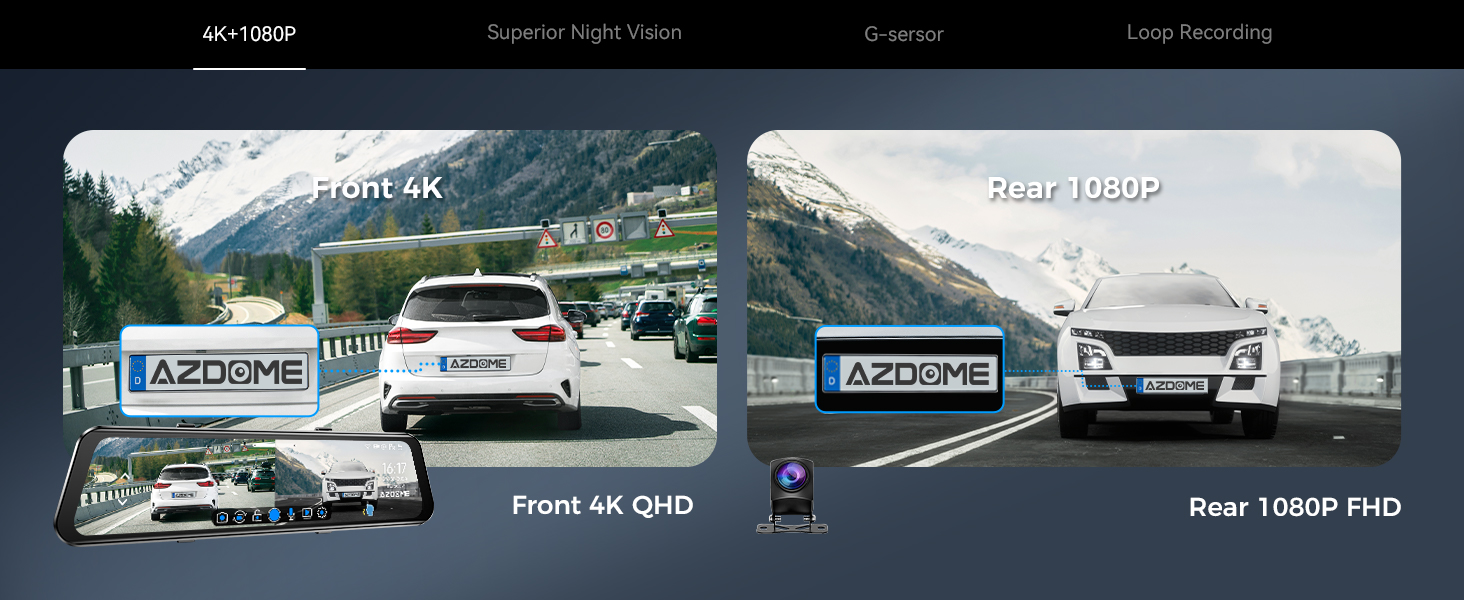 Dashcam AZDOME PG17 4K: Дзеркало заднього виду з відеозаписом, WiFi, GPS, нічне бачення, голосове керування, 64GB карта в комплекті