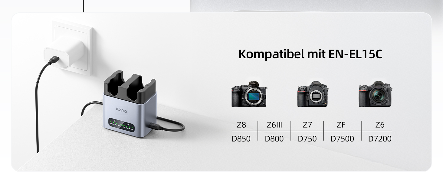 Зарядний пристрій для акумулятора Nikon EN-EL15C з двома слотами, 20W, сумісний з Nikon Z8, Z7II, ZF, Z6III, Z7, Z6II, Z6, D850, D810A, D7500, D750, D7200, D7100, з корпусом з алюмінію, швидка зарядка (2.8 години)