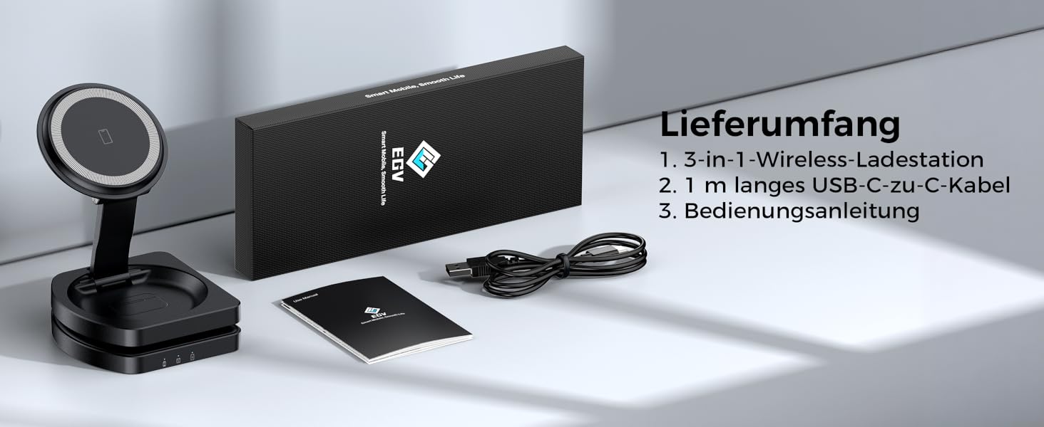 Бездротова зарядка Induktive для iPhone 17 Air/16/15/14/13/12, 3-в-1 з підтримкою MagSafe, Apple Watch та AirPods, чорний матовий