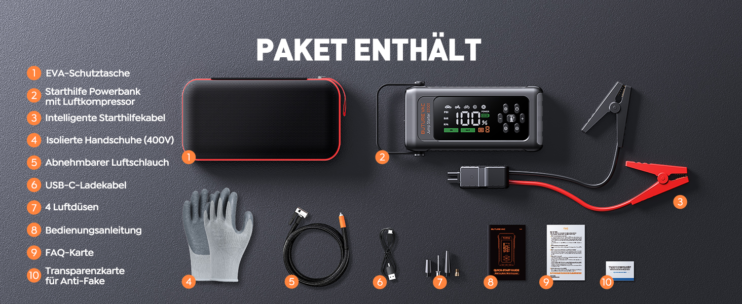 Powerbank Starthilfe 5000A з компресором 150PSI: акумулятор для авто 12V, бустер, аварійний старт, ліхтарик, рукавички