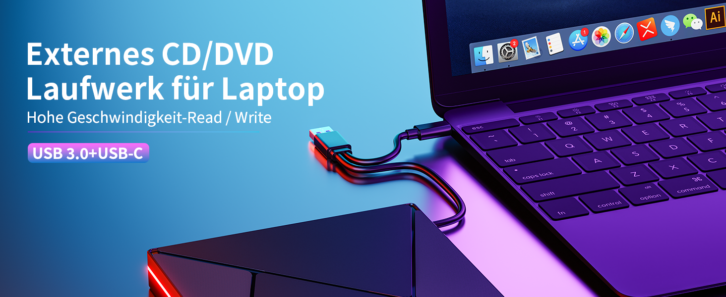 Зовнішній CD/DVD привід USB 3.0 та USB-C, оптичний накопичувач CD/DVD +/-RW ROM Brenner з RGB підсвіткою для ноутбука, ПК, MacBook, Windows та MacOS