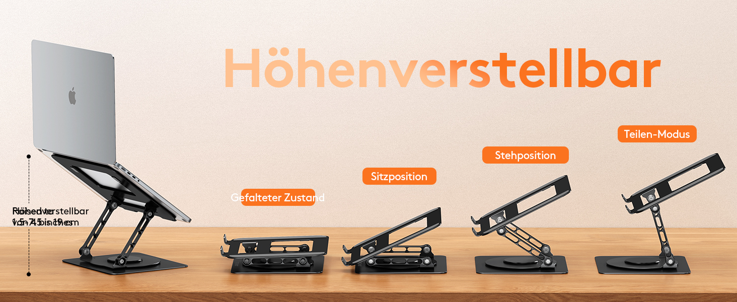 Підставка для ноутбука TECKNET 360° регульована по висоті, металева, ергономічна, для MacBook, Dell (до 17.3 дюймів), чорна