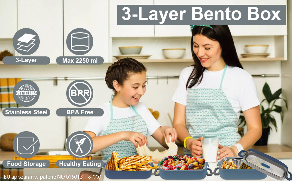 Ланчбокс Brotdose 3-ярусний для дорослих, 2200 мл, бенто-бокс з посудом, 3 відділення, BPA Free, для мікрохвильової печі, бежевий, 19.5 x 11.2 x 15 см