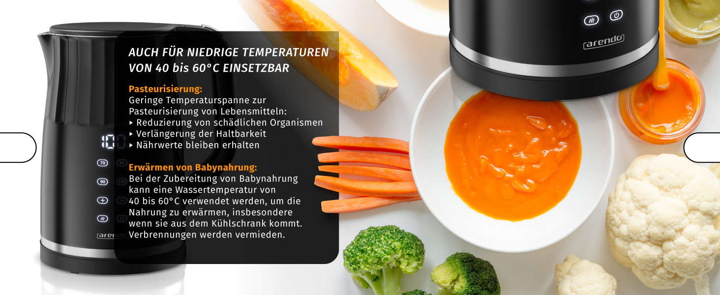 Електричний чайник Arendo з регулюванням температури, нержавіюча сталь, подвійні стінки Cool Touch, дисплей, бездротовий, 2200 Вт, 1,7 л, захист від перегріву, функція підтримання тепла, чорний