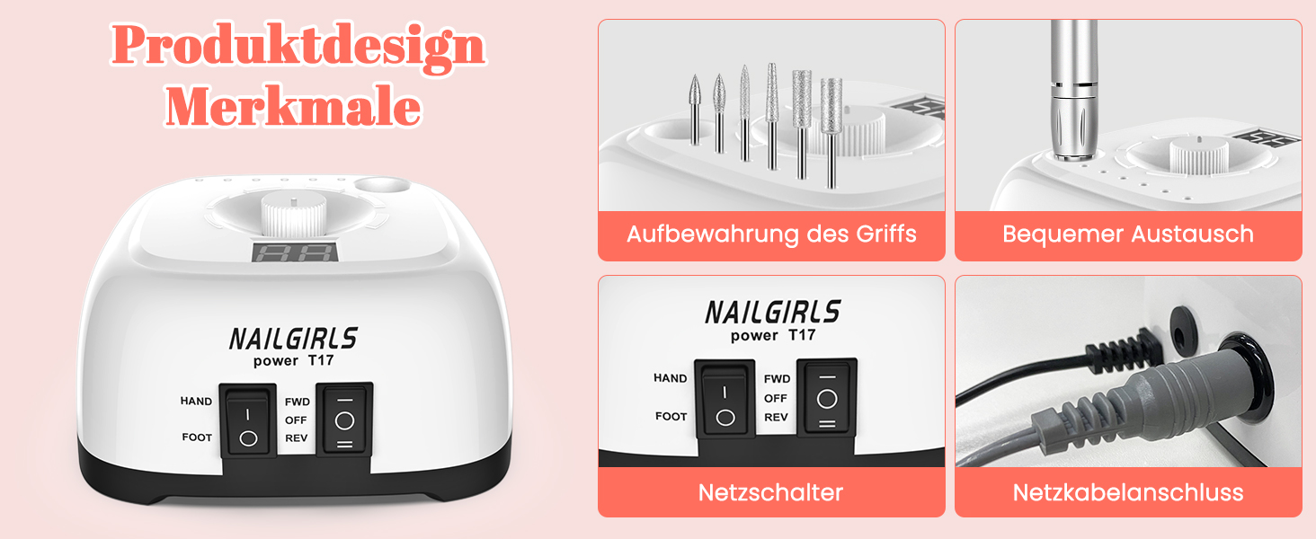 Електричний фрезер для нігтів NAILGIRLS 11 в 1 з педалем, 35000 об/хв - манікюр та педикюр