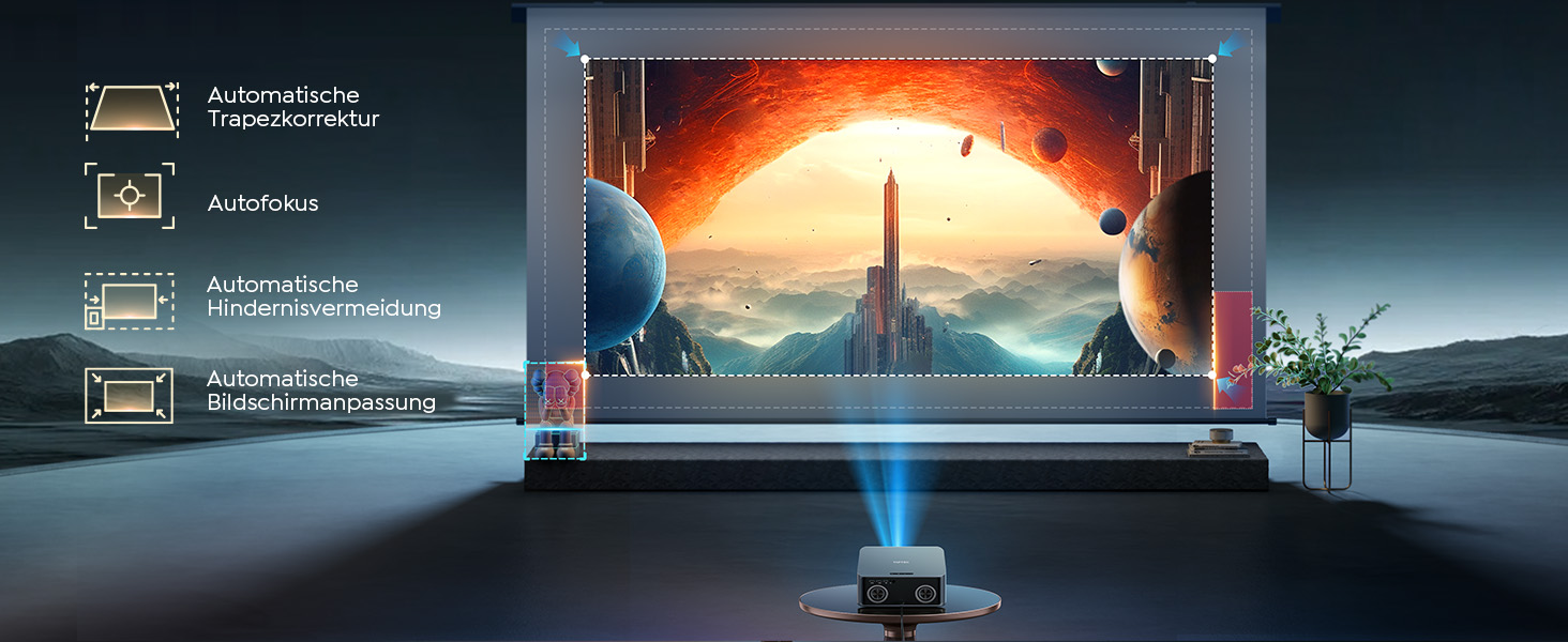 Смарт-проектор Toptro 4K Home Cinema, 1500 ANSI люмен, Full HD 1080p, Netflix, Dolby Audio, двосторонній Bluetooth, WiFi, AI-автофокус та корекція трапеції, для дому та вулиці, чорний
