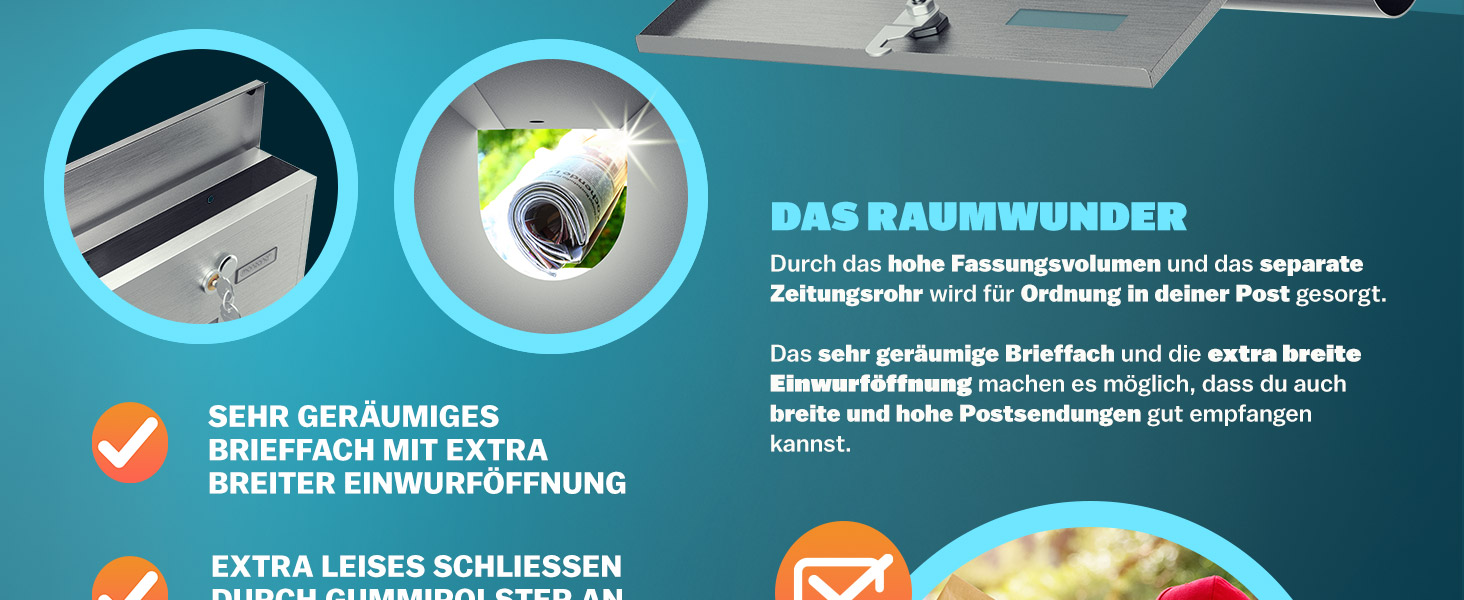 Поштовий ящик Monzana Kreuzschloss з мідним циліндром, поворотна кришка, 31x10x34 см, вікно, табличка для імені, відділ для газет, сталь, 2 ключі, чорно-срібний