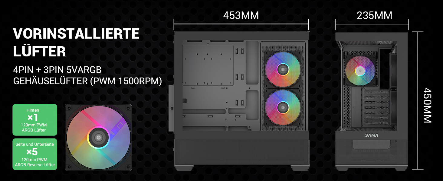 Корпус ПК SAMA V40 Mid-Tower ATX з 6 вентиляторами 120 мм ARGB, подвійні панелі з загартованого скла, чорний