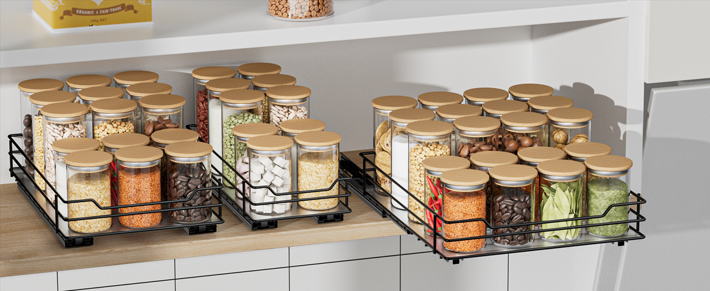 AIRUJIA Pull-Out Spice Rack, 2-Tier Dish Cabinet Organizer, Spice Rack Cabinet, Spice Rack, Lift-Up Bathroom Sink Shelf, Spice Organizer for Kitchen, L26.4*W23.2*H23CM
