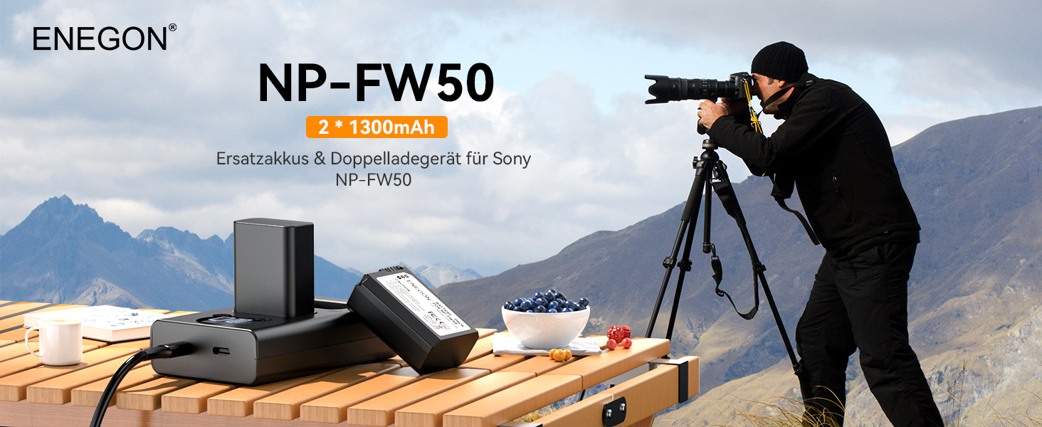 Акумулятор ENEGON NP-FW50 (2 шт. | 1300mAh) + LCD зарядний пристрій Dual USB для Sony ZV-E10, A6000, A7 та ін.