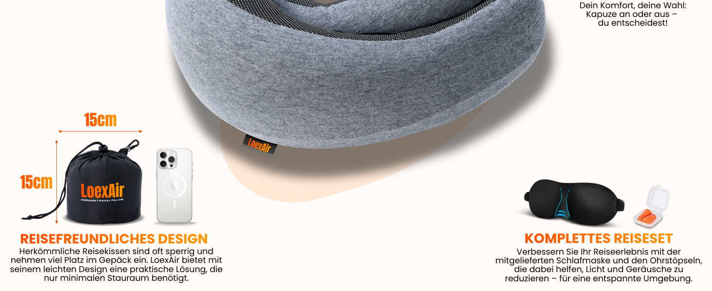 Подушка для шиї у літак, автомобіль: 100% бавовна, Memory Foam, зручна та легка, повний набір для подорожей (маска для сну, беруші) - (Темно-сірий, Hooded Pro)